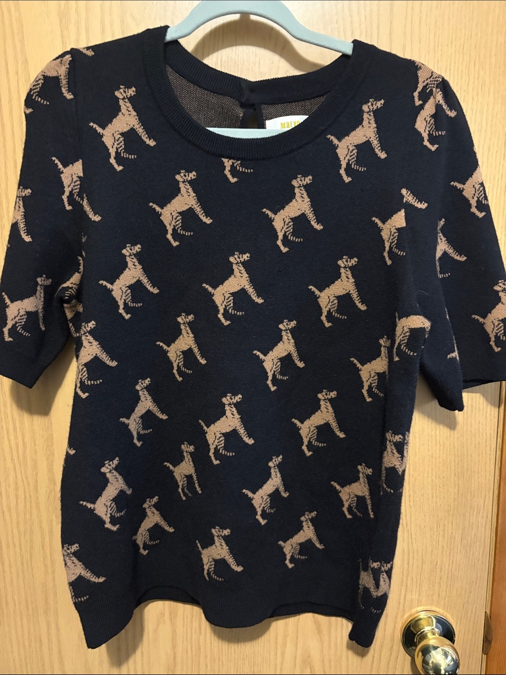Anthropologi Mauve Black Short-Sleeve Top with Tan Dog Pattern